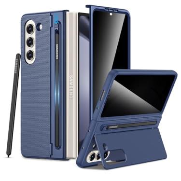 Imagem de Maxdara Capa para Samsung Z Fold 5, com compartimento para S Pen e protetor de tela de vidro temperado de privacidade e suporte oculto, suporte de carregamento sem fio para Galaxy Z Fold 5 5G, azul