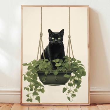 Imagem de Arte de parede em tela de planta de gato minimalista, imagens de gato preto, pôsteres de animais fofos, arte de parede, arte botânica, pôster de gatos engraçados, folhas verdes, plantas, decoração