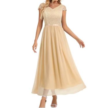 Imagem de DRESSTELLS Vestido longo formal feminino 2024 casamento convidada dama de honra vestido outono festa noite vestido de praia decote em V, Champanhe, M