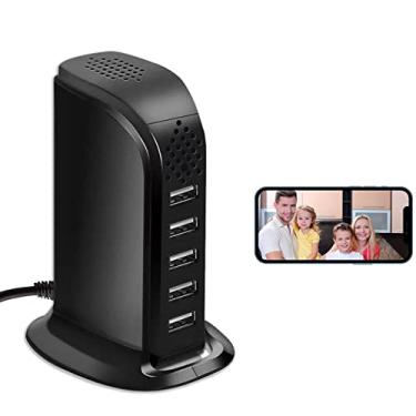 Imagem de Câmera carregador USB WiFi, HD 1080p carregador USB sem fio, câmeras de segurança, babá, plugue de 5 portas, mini câmera de vídeo WiFi para vigilância doméstica com detecção de movimento, visualização