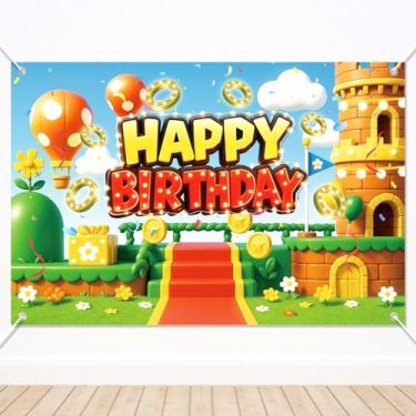 Imagem de Painel de Fundo Aniversário 150x100cm, Desenho Animado Tema de Videogame Faixa Aniversário para Decoração Festas e Como Adereço para Fotos