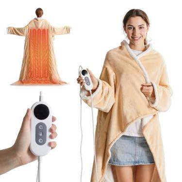 Imagem de Cobertor de roupão aquecido elétrico com 10 configurações de calor e temporizador de 12 horas, cobertor de sherpa vestível com bolso para os pés e mangas, 127 x 177 cm + capa de pé de 45 cm, bege