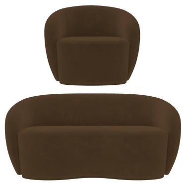 Imagem de Sofá 3 Lugares Living 180cm E 1 Poltrona Giratória Garbin Z08 Veludo Marrom - Mpozenato