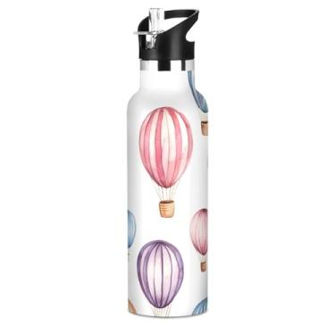 Imagem de Blueangle Garrafa de água de 595 ml com canudo – Garrafa de água esportiva de aço inoxidável sem BPA, design de balões de aquarela à prova de vazamento para academia, atividades ao ar livre