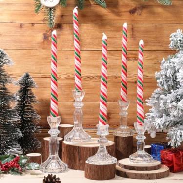 Imagem de Zhengmy Pacote com 8 velas cônicas de Natal, castiçais de Natal de 25 cm de altura, presentes listrados de bolinhas vermelhas e verdes para decoração de mesa de jantar de Natal (listras clássicas)