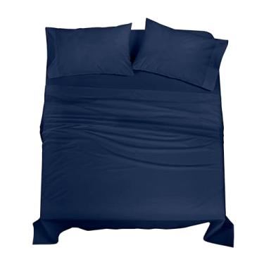 Imagem de ROYALE LINENS Jogo de lençol Queen 100% algodão orgânico – Tecido percal – Conjunto de 4 peças – 1 lençol de cima, 1 lençol com elástico profundo e 2 fronhas – Lençóis de cama azul-marinho – Sábanas