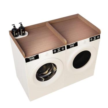 Imagem de FUNYAGO Bancada de lavadora e secadora com prateleira, bancada de lavanderia de madeira de 137 x 68 cm com 2 ganchos e almofadas antiderrapantes, capas de lavadora e secadora para o topo (marrom