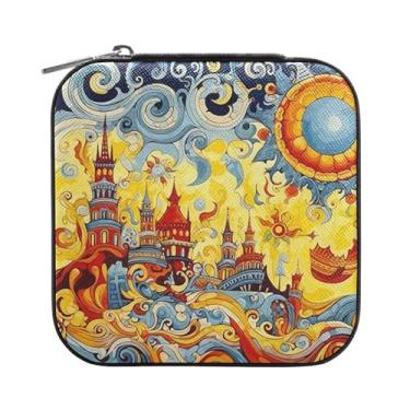 Imagem de Wassud Caixa de joias pequena para viagem com pintura a óleo, mini organizador portátil de couro PU, brincos quadrados de armazenamento, colar, pulseiras, joias para mulheres, meninas, senhoras, noiva