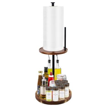 Imagem de Baoswi Porta-temperos 2 em 1 com suporte de toalha de papel, armazenamento giratório de bancada de cozinha, organizador de toca-discos Lazy Susan, bandeja de madeira de 2 camadas para cozinha