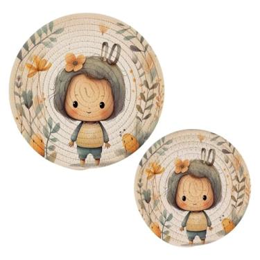 Imagem de Wassud Conjunto de tripé com padrão de desenho animado para pratos quentes, suportes redondos de algodão, almofadas quentes, porta-copos elegantes, decoração de cozinha e acessórios, 2 peças