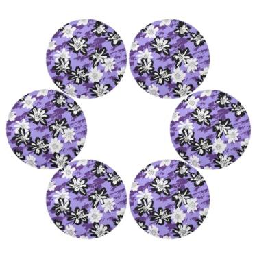 Imagem de Wassud Jogo americano conjunto de 6 tapetes redondos de flores pretas e brancas para cozinha e jantar tapetes laváveis resistentes ao calor para decoração de mesa 39 cm