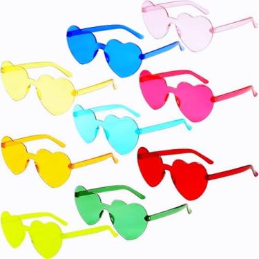 Imagem de ZHANGBY 9 pares de óculos de sol de coração em forma de coração sem moldura, moderno, cor transparente, óculos de sol de festa, Multicor, 140
