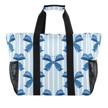 Imagem de Wassud Blue Bows Sacolas de mercearia reutilizáveis listradas grande bolsa organizadora de lona impermeável para praia, piquenique, lavanderia, viagem