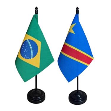 Imagem de Kit Bandeira de Mesa Brasil e Congo, 26cm Altura, 18x11cm, Multicolorido, Oxford, Base Plástica, Decoração para Escritório e Eventos