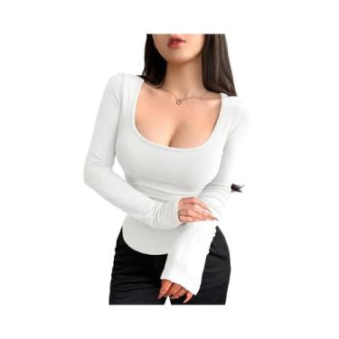 Imagem de Camiseta Feminina De Manga Longa Cropped Com Decote Quadrado Ajustada 