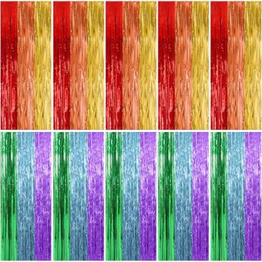 Imagem de Pacote com 10 decorações de festa arco-íris cortina de tinsel cortina de festa com franja de alumínio decorações de aniversário cabine de fotos tema colorido primeiro dia de escola noivado decoração