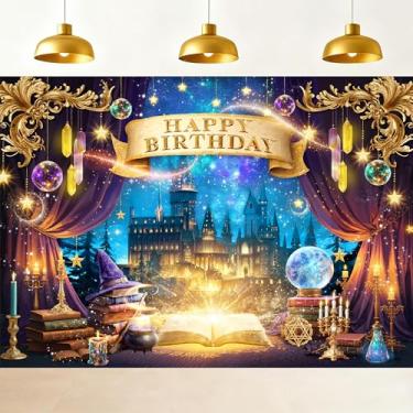 Imagem de Riyidecor Wizard Happy Birthday Pano de fundo tecido de poliéster mágico azul místico encantado castelo vela estrelas bola de cristal fantasia 17x13 metros natureza fotografia fundo aniversário foto