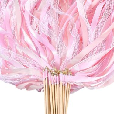 Imagem de CRASPIRE 50 peças varinhas de fita rosa fitas de casamento serpentinas com sino rosa enevoada desejo de fada poliéster vintage renda seda festa palitos de madeira para aniversário, festa de casamento