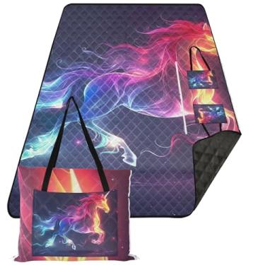 Imagem de TSENQUE Unicórnio arco-íris leve praia cobertor impermeável tapete grande à prova de areia cobertor bonito acampamento ao ar livre tapete de grama 203 cm x 152 cm