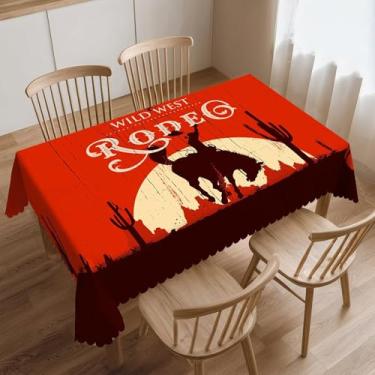 Imagem de DONMYER Toalha de mesa vintage retangular cowboy cavalo pôr do sol saguaro deserto selvagem oeste rodeio vintage toalha de mesa de madeira toalha de mesa lavável para sala de jantar casa fazenda 137 x