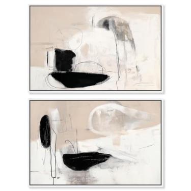 Imagem de Conjunto de 2 arte de parede para sala de estar com impressão abstrata de luxo neutro por Art Remedy, moldura branca, 76 x 50 cm