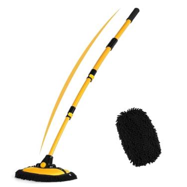 Imagem de NEZENO Escova de lavagem de carro de 57 polegadas com cabo longo chenille microfibra kit de lavagem de carro luva retrátil haste dobrada esfregão de lavagem de carro para carros RV caminhão barco (amarelo claro)