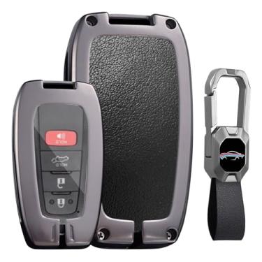 Imagem de KUNIO Capa de couro para controle remoto de carro compatível com Toyota Highlander Camry XLE XSE LE SE C-HR RAV4 4Runner 2022-2024 protetor de chave de liga de zinco 2/3/4 botão chaveiro preto curto