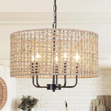 Imagem de MRHYSWD Lustre de vime tecido à mão de 48 cm 5 luzes Quinta Boho Lustres para sala de jantar luminária tambor vime pendurado iluminação pendente para sala de estar, cozinha, ilha, hall de entrada