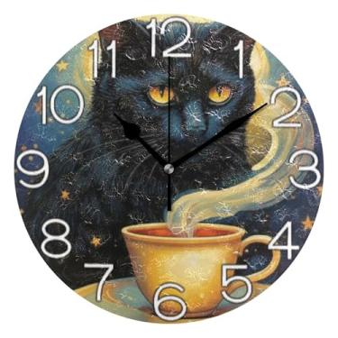 Imagem de GAIGEO Relógio de parede analógico decorativo operado por bateria silencioso relógio de cozinha rústico, decoração de parede de sala de estar moderna, gato preto, animal vívido, 25 cm, ponteiros
