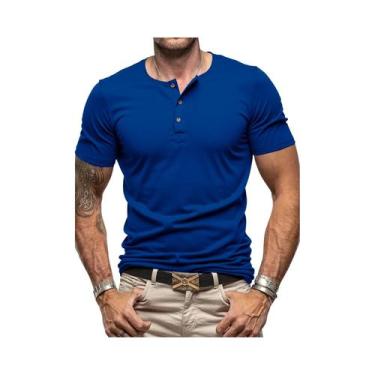 Imagem de Camiseta Masculina Slim Fit De Manga Curta Com Gola Henley, Cor Sólida