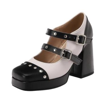 Imagem de Tênis feminino versátil Mary Jane Color Block à prova d'água plataforma grossa super alta fivela dupla tira sapato social PU superior, Preto, 36