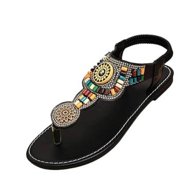 Imagem de Sandálias rasteiras femininas modernas casuais com design de contas de strass boêmio espinha de peixe grande, Preto, 38