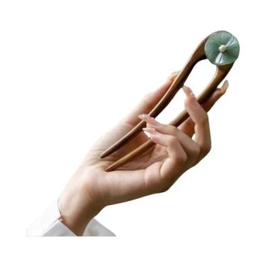 Imagem de Grampo De Cabelo De Madeira Em Forma De Folha De Lótus Jade Vintage El