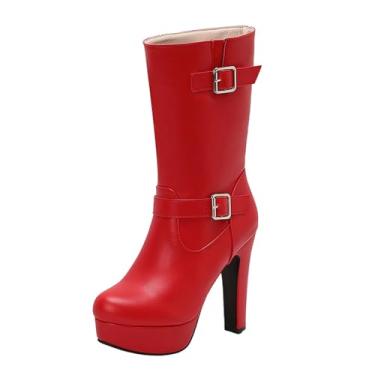 Imagem de Botas de salto alto até o meio da panturrilha para mulheres, fivela de cinto, plataforma aquática, Vermelho, 39