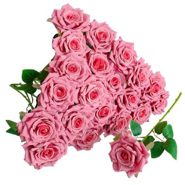 Imagem de ATFL Flores artificiais de rosas falsas a granel, flores simuladas em 3D, 20 peças de flores de rosas de seda artificial com hastes para arranjos de casamento, decoração de mesa de festa em casa (20
