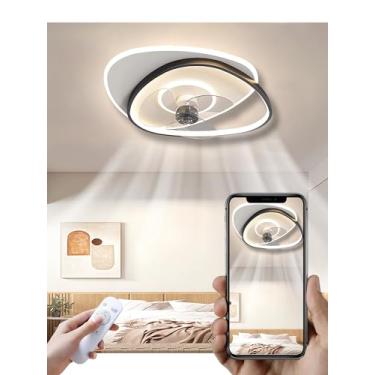 Imagem de Ventilador de teto com luminária silenciosa, iluminação LED, design moderno e dimerizável com controle remoto, ideal para quarto, sala de jantar e escritório (branco + preto, 37 cm).