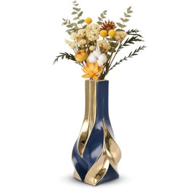Imagem de Vaso de cerâmica azul e dourado de 27 cm, vaso de flores geométrico moderno para mesa de jantar, vaso decorativo elegante para grama dos pampas, sala de estar, quarto, escritório, decoração de mesa