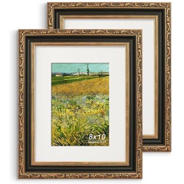Imagem de GiftMust Moldura de 20 x 25 cm, moldura ornamentada em relevo com tapete de papel e vidro verdadeiro, adequada para 20 x 25 cm sem tapete ou 12 x 17 com tapete, mesa ou suporte de parede, preto e ouro