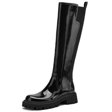 Imagem de TEAIEUI Botas femininas na altura do joelho, modernas, plataforma, sola saliente, botas de equitação, confortáveis e elásticas, botas longas, Couro envernizado preto, 37