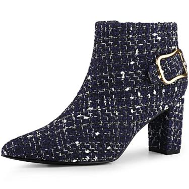 Imagem de Allegra K Botas femininas de salto grosso, bico fino, xadrez, cano curto, Azul, 40