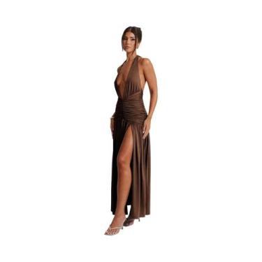 Imagem de Vestido Elegante Feminino Longo Com Decote Halter Em V, Costas Descobe