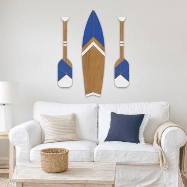 Imagem de Conjunto Decorativo Náutico Azul Escuro em MDF 6mm Amadeirado com Relevo Prancha e Remos