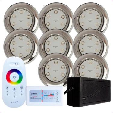 Imagem de Kit 8 Refletores Led 9w RGB Inox S Iluminação Para Piscina e Comando -