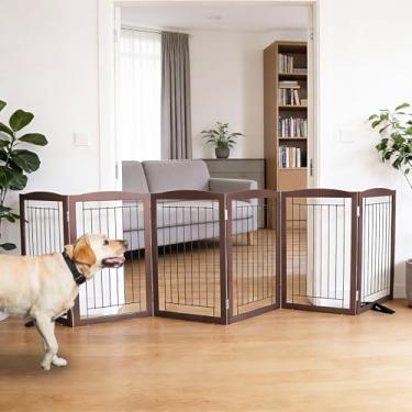 Imagem de SFJC Cerca para cães, portão interno para portão de entrada para animais de estimação, 6 painéis, corredores, casa ou escadas, 300 x 81 cm, retrátil e expansível, de madeira, para animais de estimação