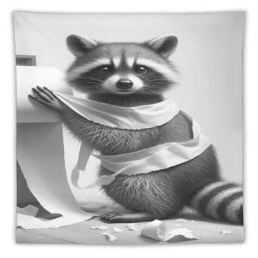 Imagem de Tapeçaria de papel higiênico guaxinim para banheiro preto e branco impressão artística para quarto sala de estar dormitório decoração de casa com design de animal de estimação selvagem brincalhão