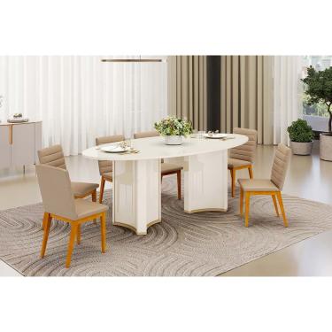 Imagem de Conjunto: Mesa Sala Jantar Liz c/ Tampo Madeirado c/ Vidro Oval 218x108cm e 6 Cadeiras Sofia Off White - Ipe/Linho Bege - DJ Móveis