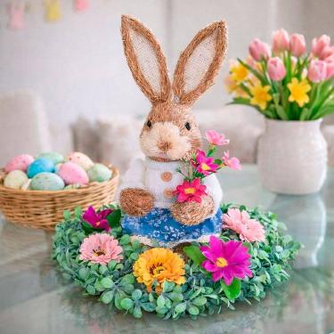 Imagem de Arranjo Centro De Mesa Decoração Coelho Páscoa Flores 30cm