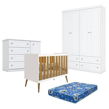 Imagem de Quarto de Bebê Americano 4 Portas com Berço Americano Isis Branco Acetinado Savana e Colchão Ortobom - Reller - Henn