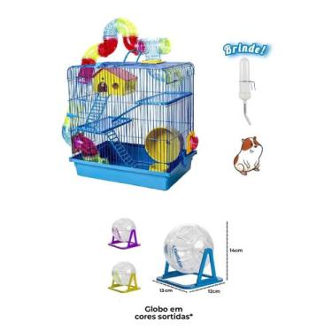Imagem de Gaiola Hamster 3 Andares Tubo Luxo Azul + Globo + Bebedouro - Jel Plas