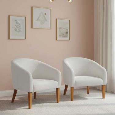 Imagem de Poltrona Sala Decorativa Kit 2 Stella Pé Madeira Trapézio Castanho Bouclê Off White D03 - D'Rossi